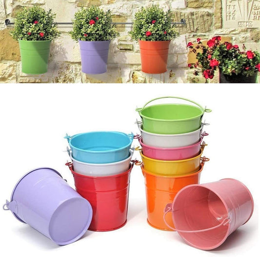 LATERN 12Pcs Mini Metal Hanging Flower Pots, 6cm Plant Pots Hanging Flower Bucket with Detachable Handle for Balcony Fence Garden Home Decor (12 Colors)