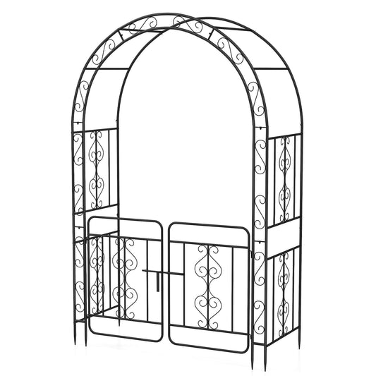 COSTWAY Garden Arch with Gate, Metal Pergola Arbor Trellis for Climbing Plant Rose Vines with 6 Sharp Ground Stakes, Plants Support Archway for Lawn Backyard Party Wedding, 136 x 58 x 213 cm
