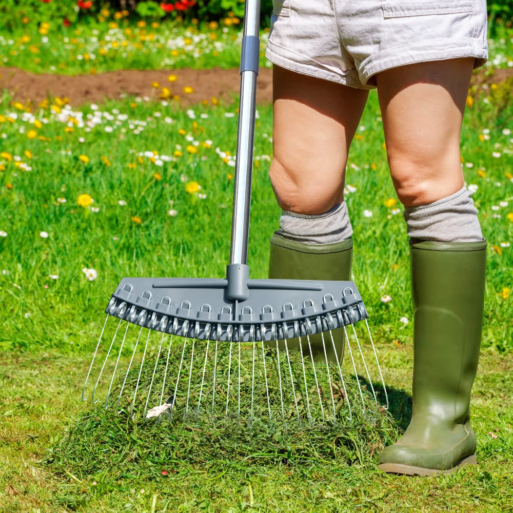 Colwelt Thatch Rake -24 Steel Tines, Thatch Rakes for Lawns with 137cm Lightweight Stainless Steel Handle, Yard Dethatching Rakes for Your Lawn(Thatch, Dead Grass, Leaves, Mulch, Pine Needles)