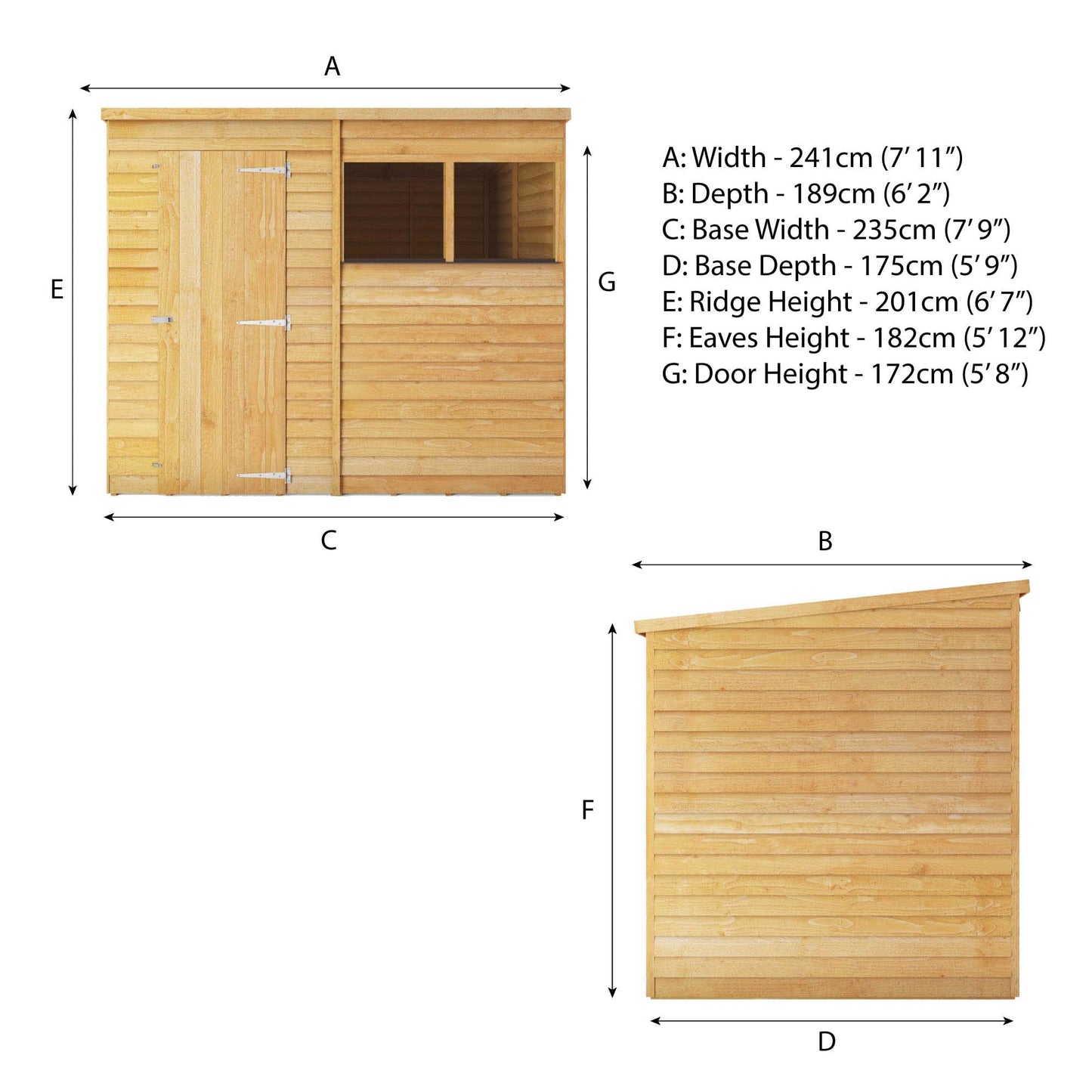 Waltons 8x6 Wooden Garden Shed | Overlap Pent Roof Storage Shed with Window | Durable 8mm Timber Cladding | Outdoor Shed for Tools, Bikes & Garden Equipment | Secure & Weather-Resistant Storage