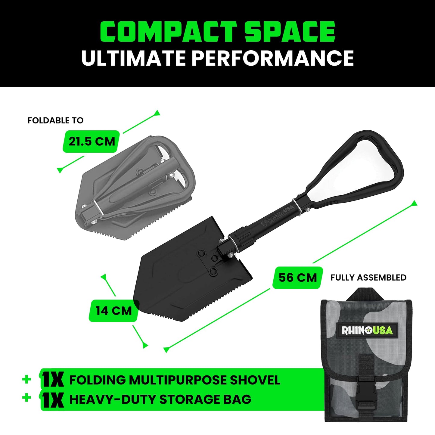 Rhino USA Folding Survival Shovel with Pick - Heavy Duty Carbon Steel Folding Shovel for Off Road, Camping, Gardening, Beach, Digging Dirt, Sand, Mud & Snow