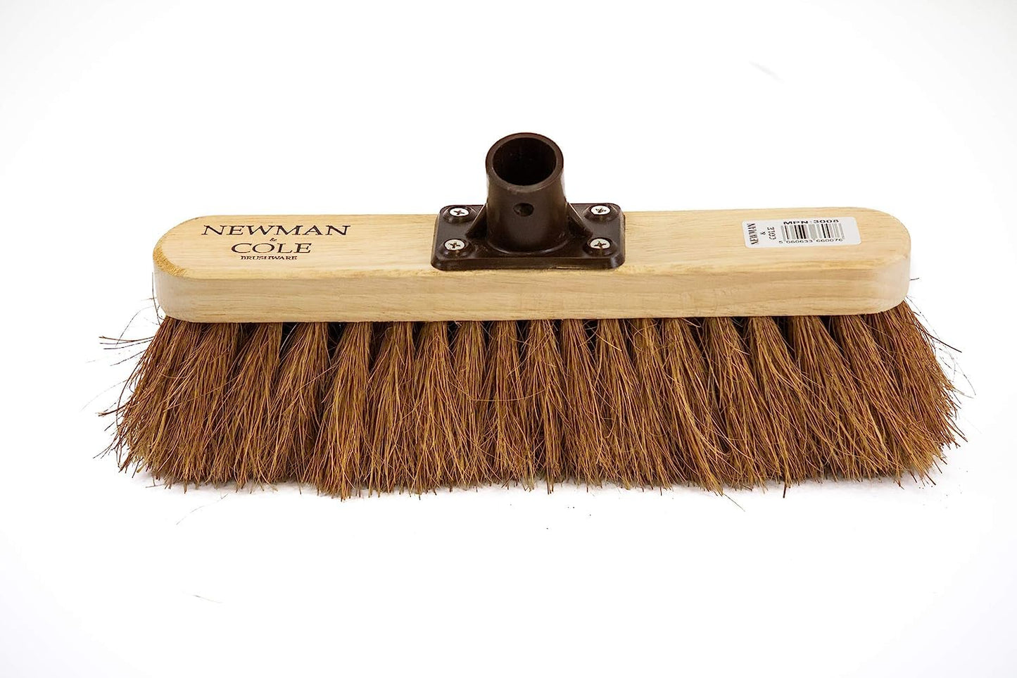 Newman and Cole 12" Wooden Broom Head with Soft Natural Coco Bristle Replacement Wooden Broom Head Indoor or Outdoor Soft Bristle Broom Floor Sweeping Brush with Plastic Fixing Bracket Connector