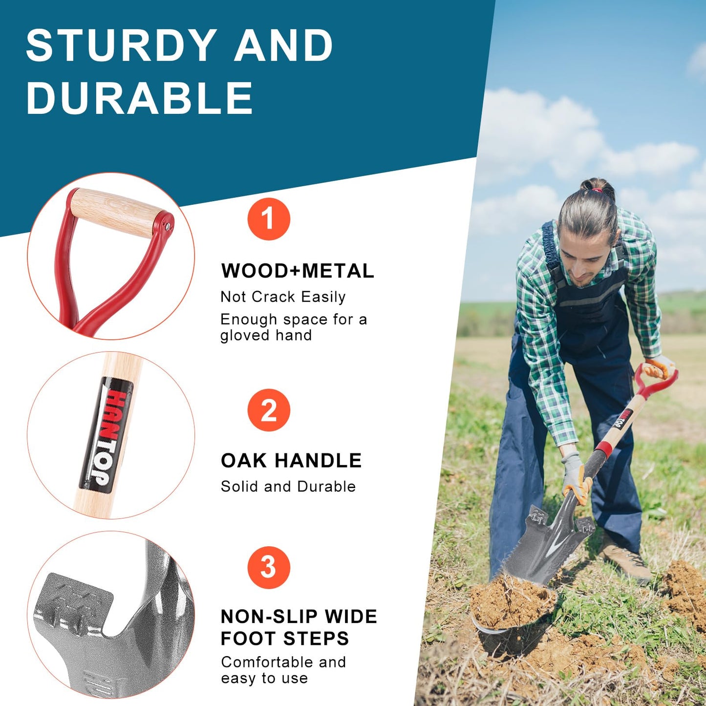 HANTOP Digging Spade Shovel Drain Spade Square Point Shovel Transplanting Spade Trenching Shovel, 44 inches