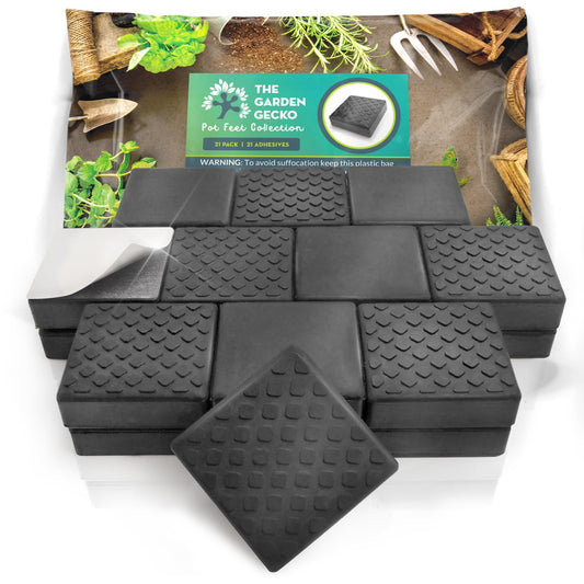 The Garden Gecko Invisible Pot feet for outdoor plant pots and flowers, solid rubber risers with a custom non-slip square surface grip | 21 POT FOOT - 21 STRONG ADHESIVE PADS.