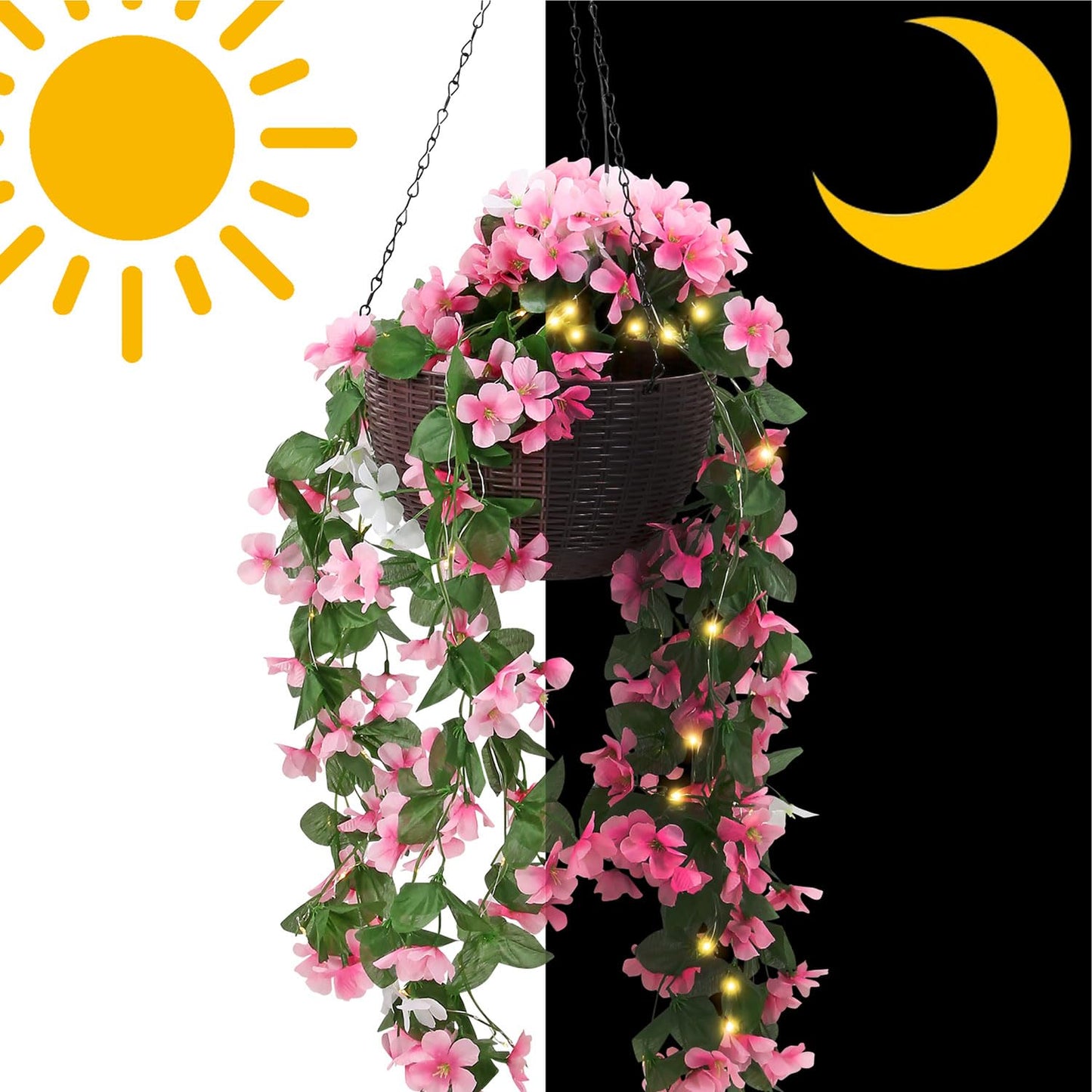 Taylor & Brown Solar Powered Artificial Floral Outdoor Hanging Basket With 80 LED's Brown Rattan Effect Planter for Patio Lawn Garden Landscape Décor with Chain