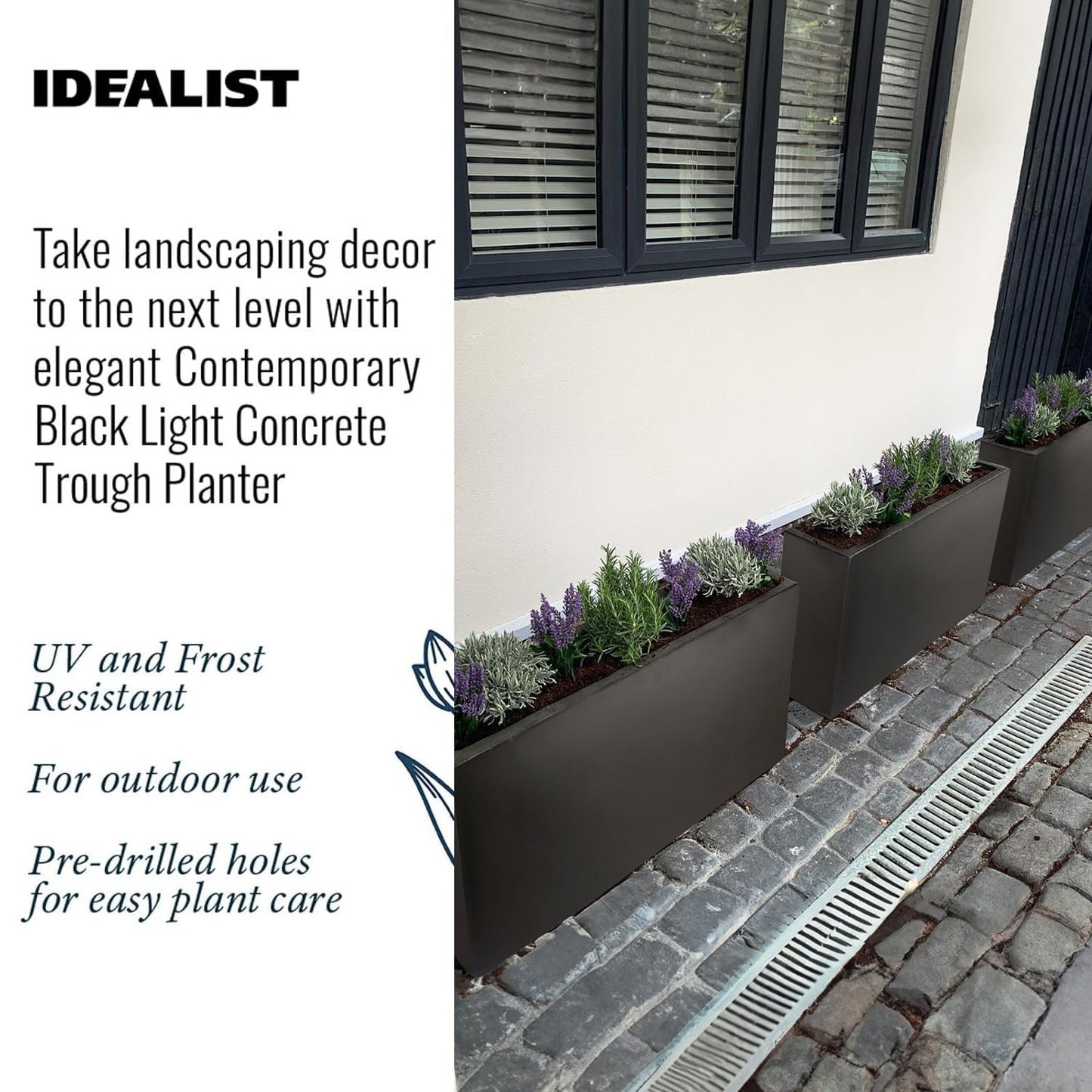 IDEALIST 85cm Large Trough | Black Reinforced Stone Rectangle Plant Pot | Garden Planters with Drainage Holes L85 W26 H41 cm, 60 litres