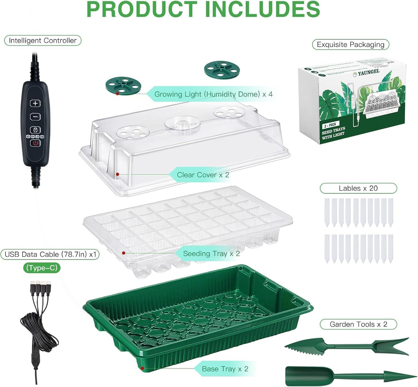 YAUNGEL Seed Trays with Grow Light, Thicken Propagator XL Seedling Starter with Timing Controller Adjustable Brightness, Growing Trays with Humidity Vented Domes and Base, Gift Box