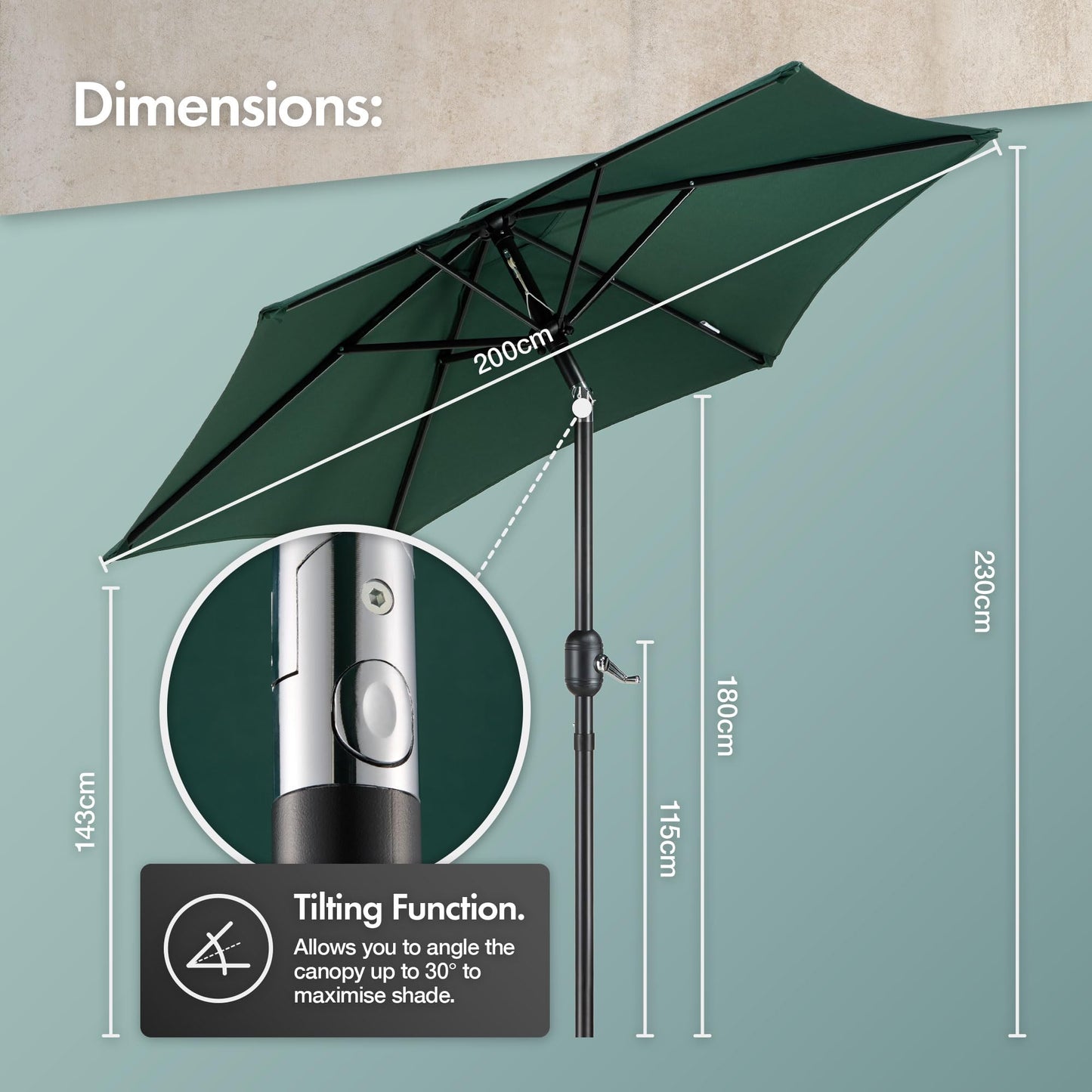 VonHaus Parasol 2M – Parasol Umbrella for Outdoor, Garden, Patio – Sun Shade Canopy with Hand Crank, Tilt Function, UV30- Protection, Air Vent, Powder Coated Steel Frame - Dark Green