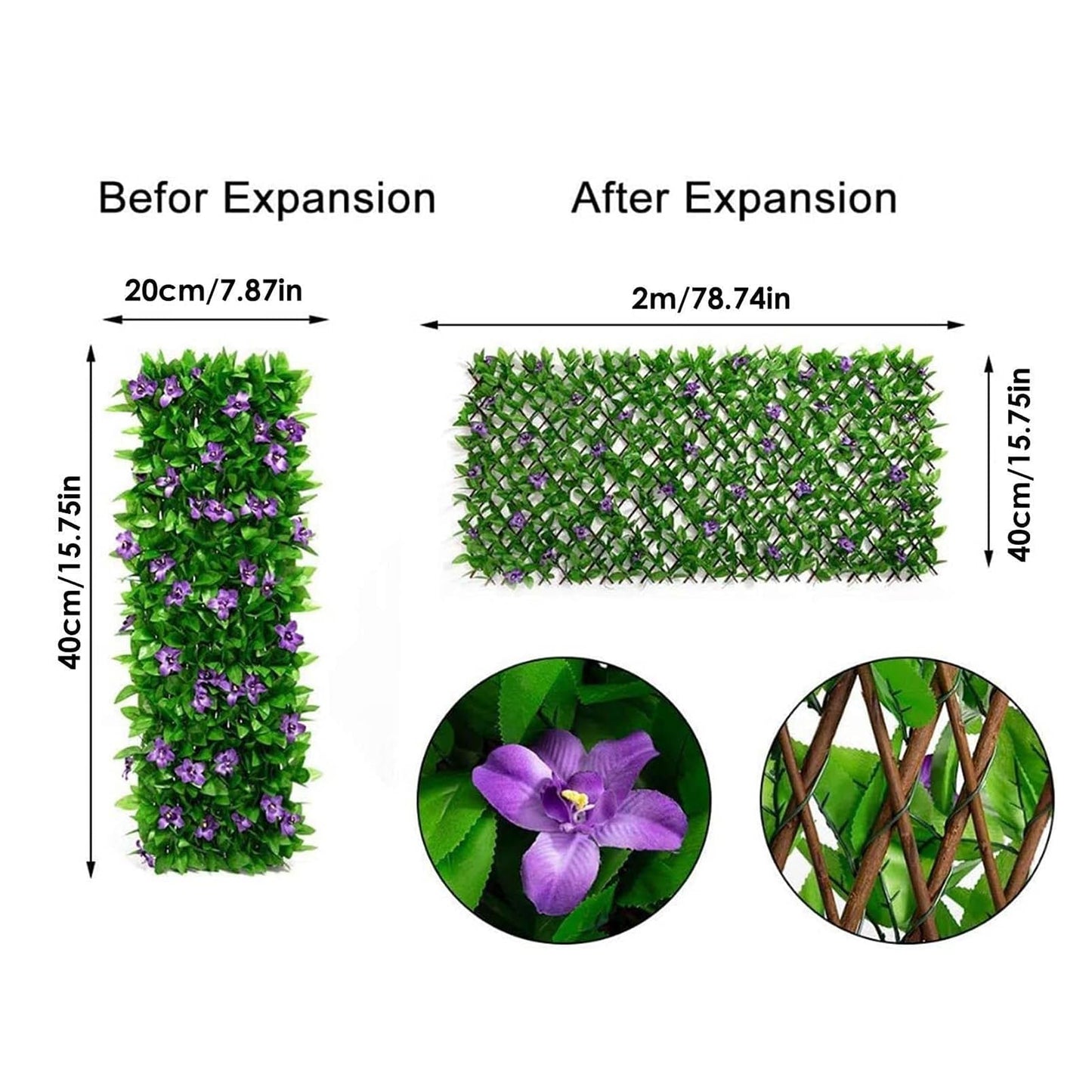 Expanding Garden Trellis Panels 200x40cm,Expandable Garden Fence Screening with Artificial Ivy and Violet Flower,Garden Greenery Leaf Backdrop Decoration (2pcs)