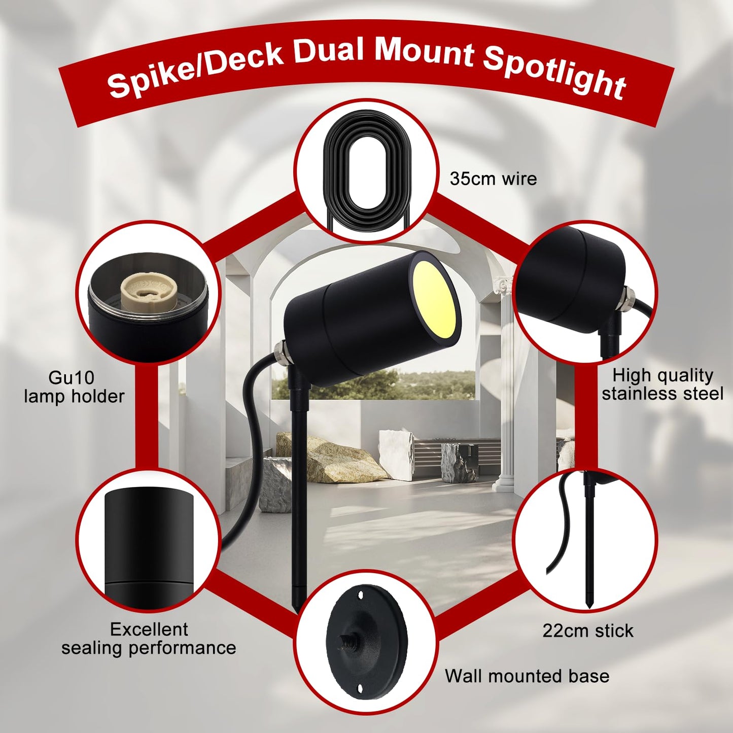 Kerry Outisde Wall Light, Spike/Deck Dual Mount Spotlight, IP65 Outside Lighting Mains Powered Waterproof Stainless Steel Black Landscape Lamp, External GU10 spot Light with 35cm Cable (Bulb Excl)