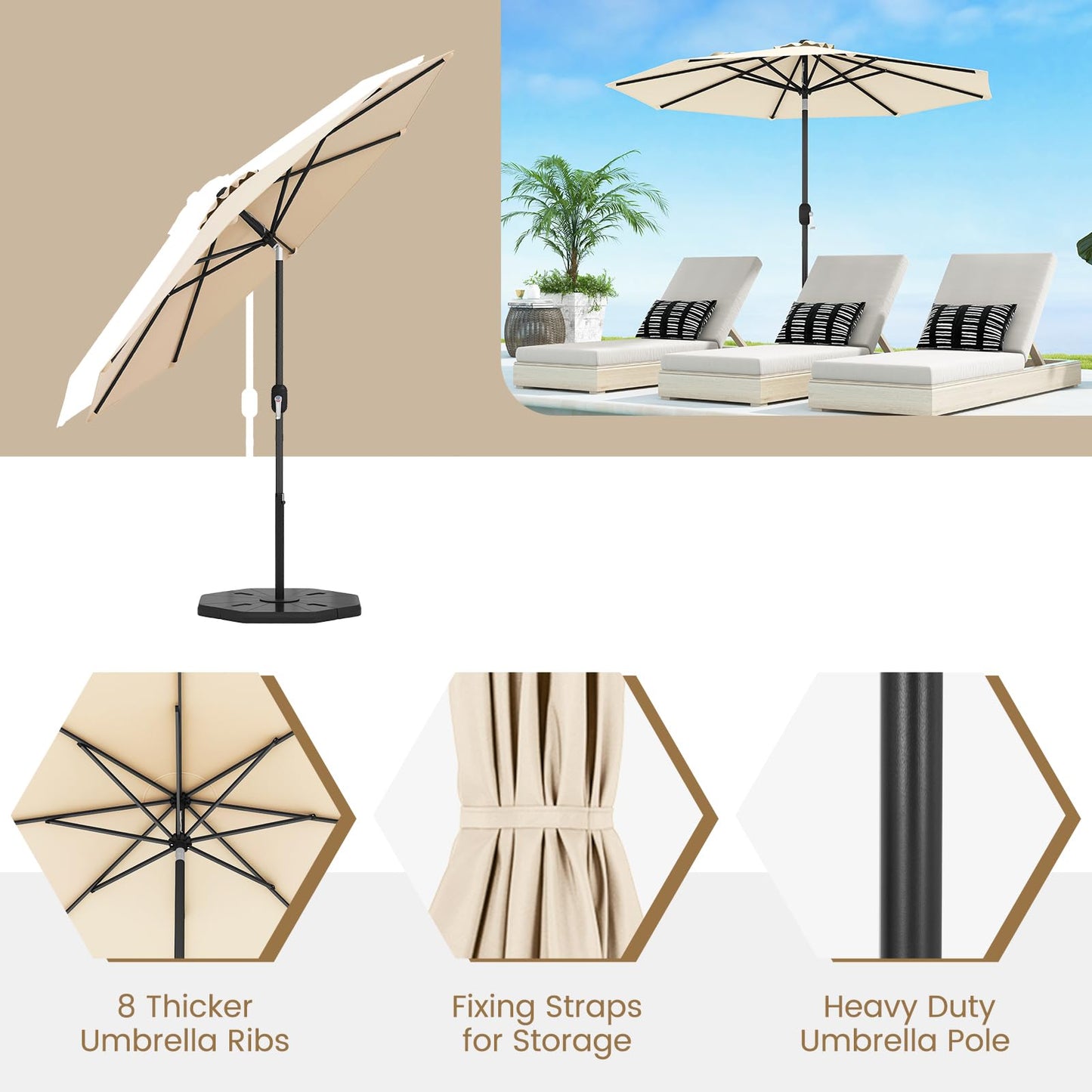 COSTWAY 2.7m Garden Parasol, Waterproof Patio Umbrella with Tilt, Crank Handle & Vented Top, 8 Ribs UV Protective Outdoor Table Sun Shade for Market Yard Pool (Beige)