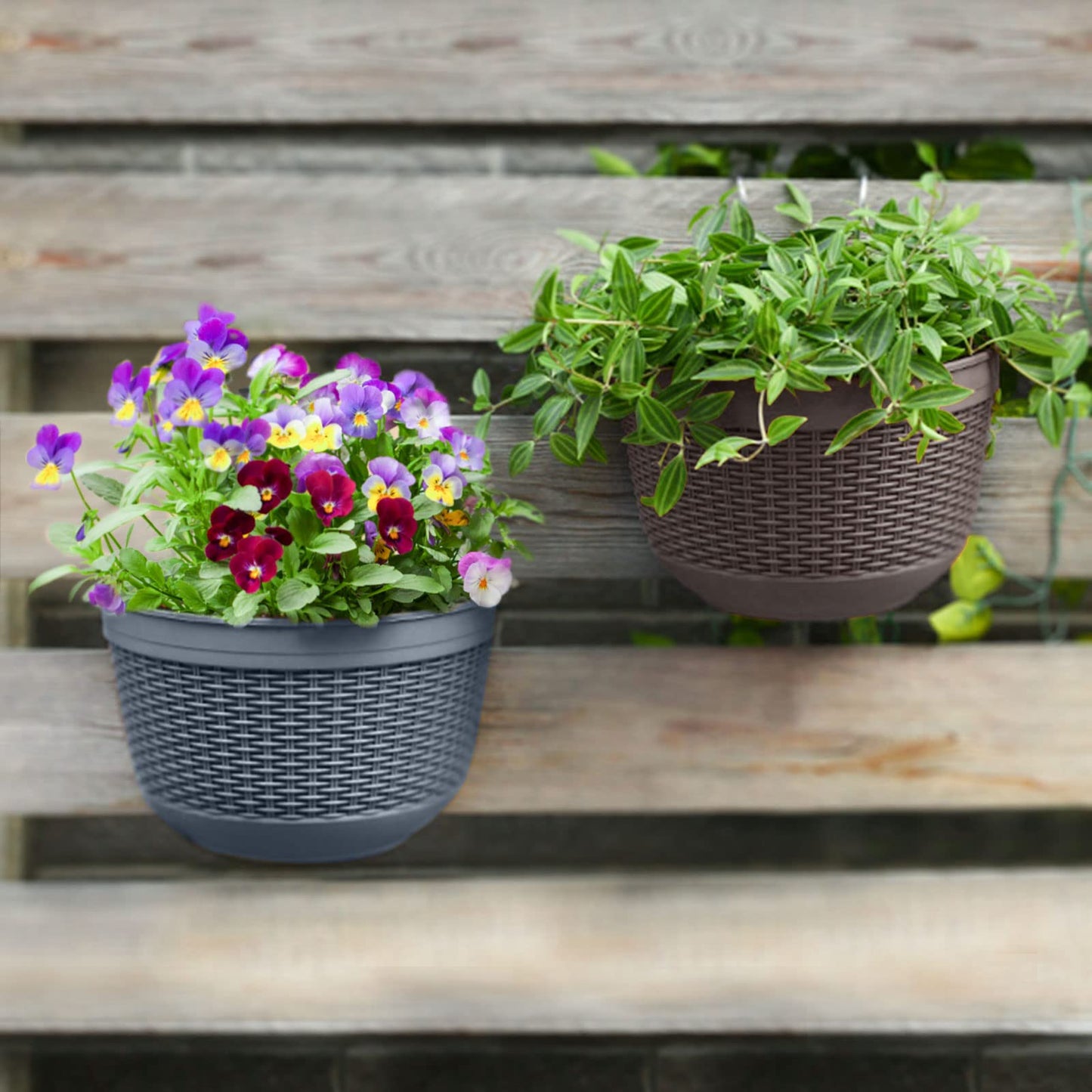 Set of 2 Pcs Hanging Planters Outdoor Hanging Basket Plastic Flower Pot Plants Holder Hanger for Balcony Fence Wall Mounted Planters Hanging Fence Planters with Drainage and 4 Hooks (F)