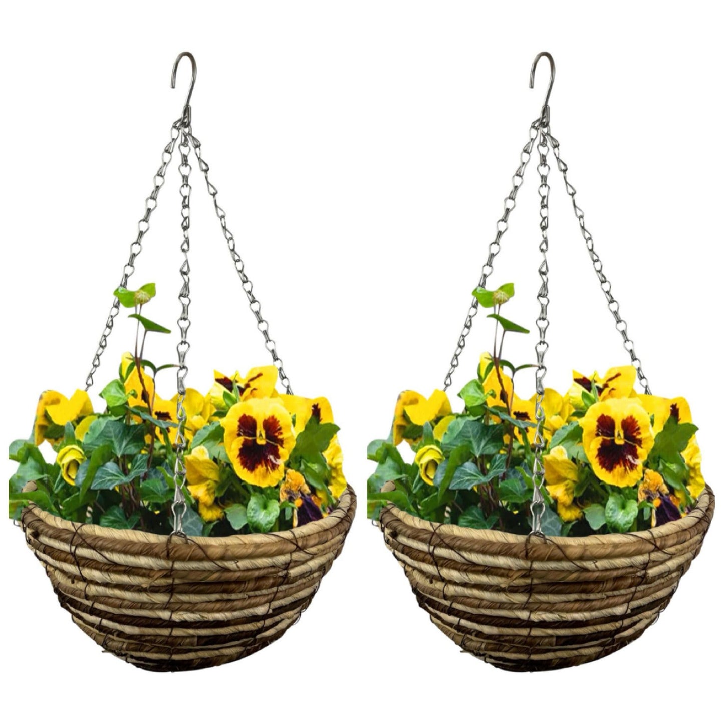 ADEPTNA Set of 2 Round Garden Hanging Baskets with Lined and Detachable Hanging Chain - Natural Basket Hanging Plants Flower Planter Pot (12’’ WICKER ROPE BASKETS)