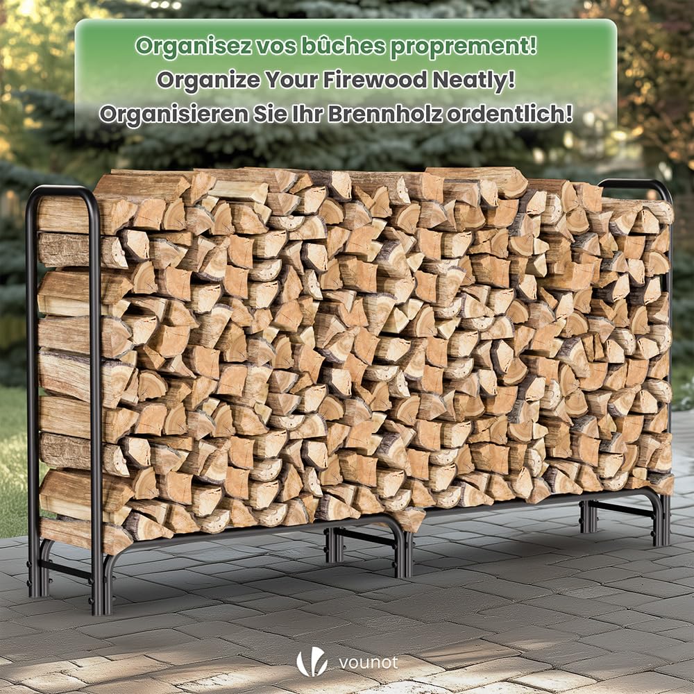 VOUNOT® Firewood Log Rack with Waterproof Cover, Metal Log Store Outdoor, 200 x 116 x 36 cm, Black