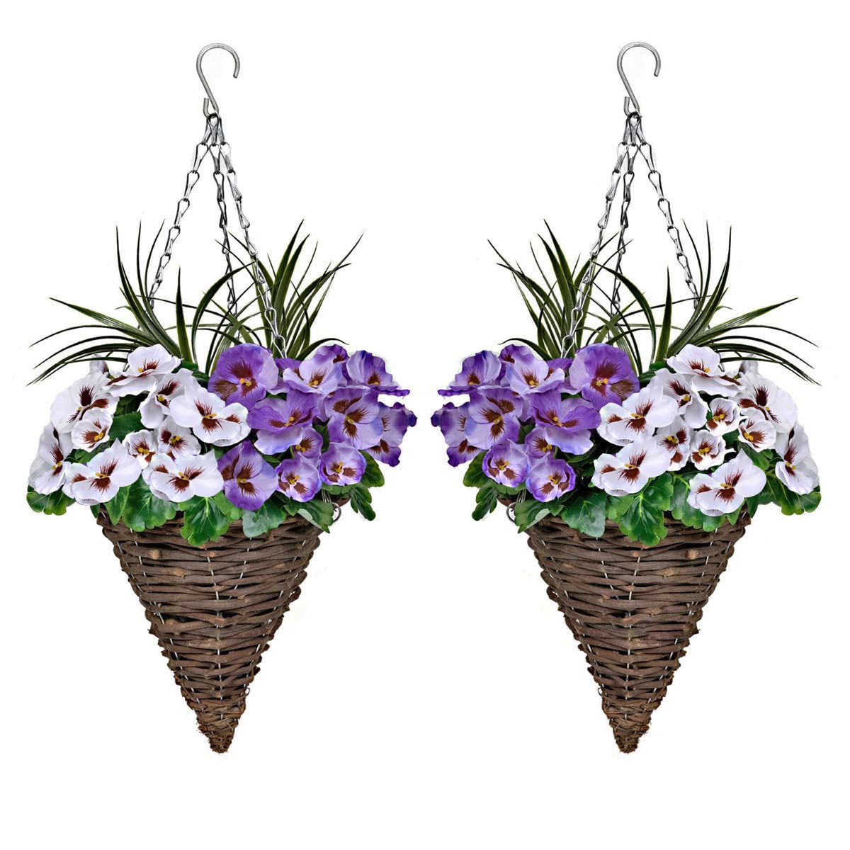 2 x Cone Shaped Hanging Baskets with Purple & White Flowers and Decorative Grasses (Set of 2)