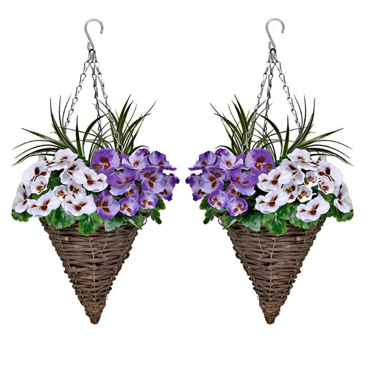 2 x Cone Shaped Hanging Baskets with Purple & White Flowers and Decorative Grasses (Set of 2)