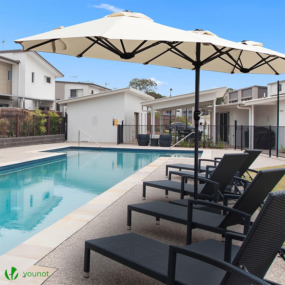 VOUNOT® 3m Double Garden Parasol, Extra Large Rectangular Patio Table Umbrella, with Crank Handle, Protective Cover, UV 50-, Beige