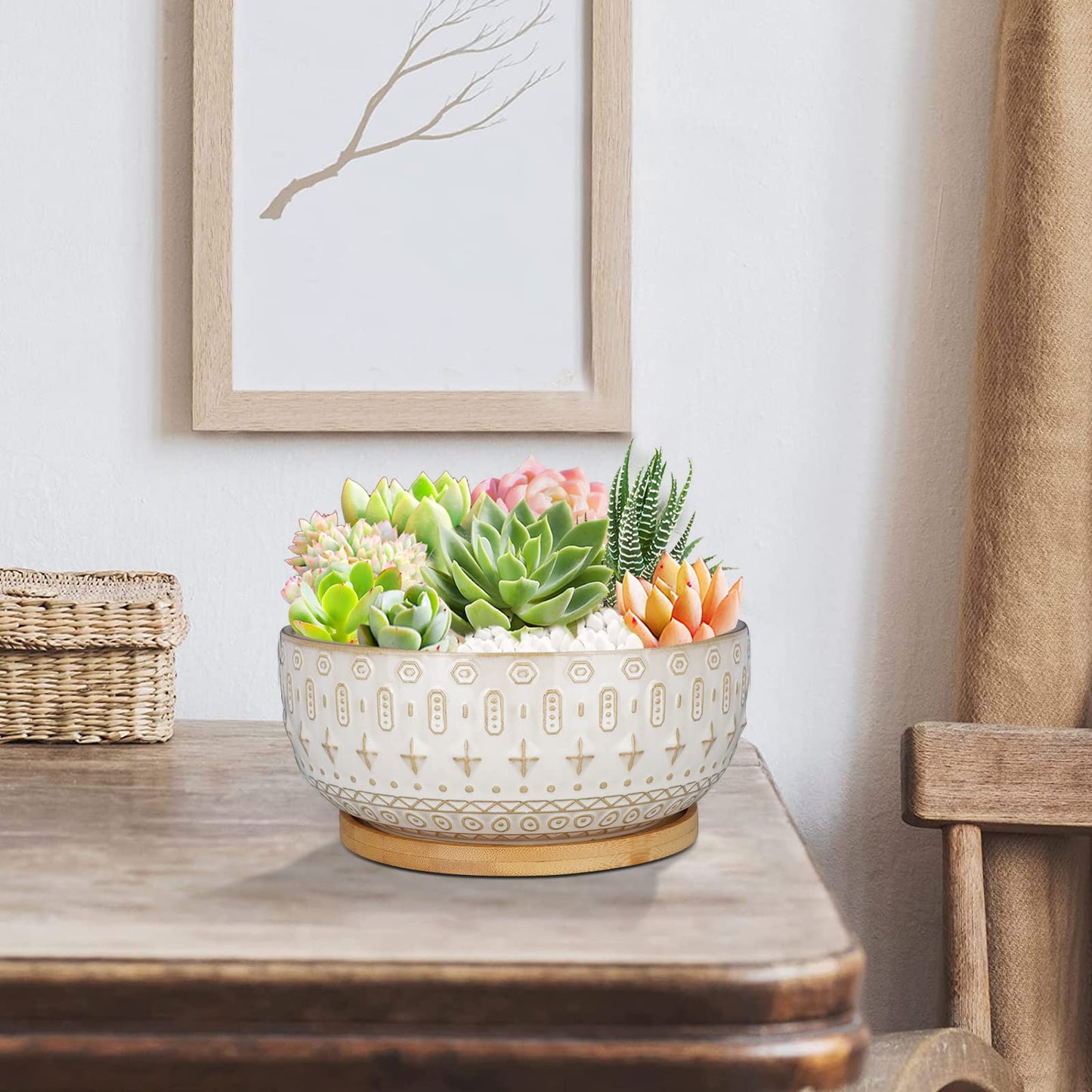 Fivepot 20.5CM Ceramic Succulent Planter Pots with Drainage Hole for Indoor Plants Round Shallow Bonsai Flower Pot with Bamboo Tray White