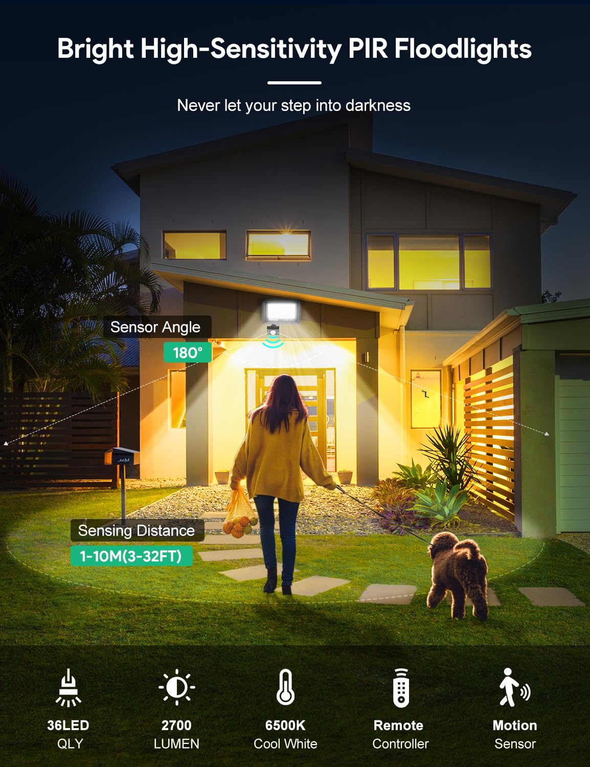 Tailcas Security Lights Outdoor Motion Sensor, 30W PIR Security Light with Remote Control, IP66 Waterproof Lights, 2700LM LED Floodlights Mains Powered for Garden,Yard, Garage