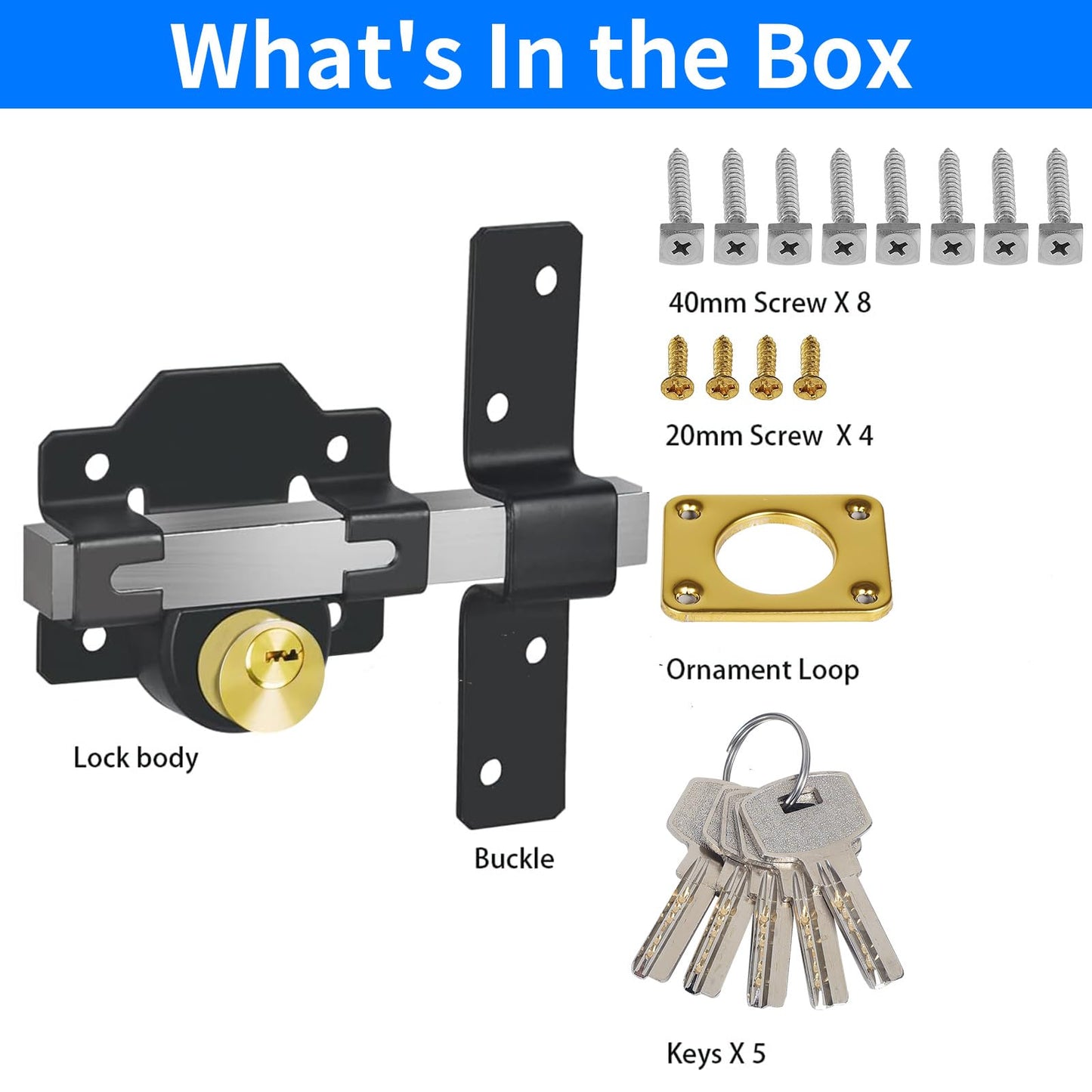 Mortrise Lock, Long Throw Gate Lock for Wooden Gate, Double Sides Locking, 50mm, 5 Keys