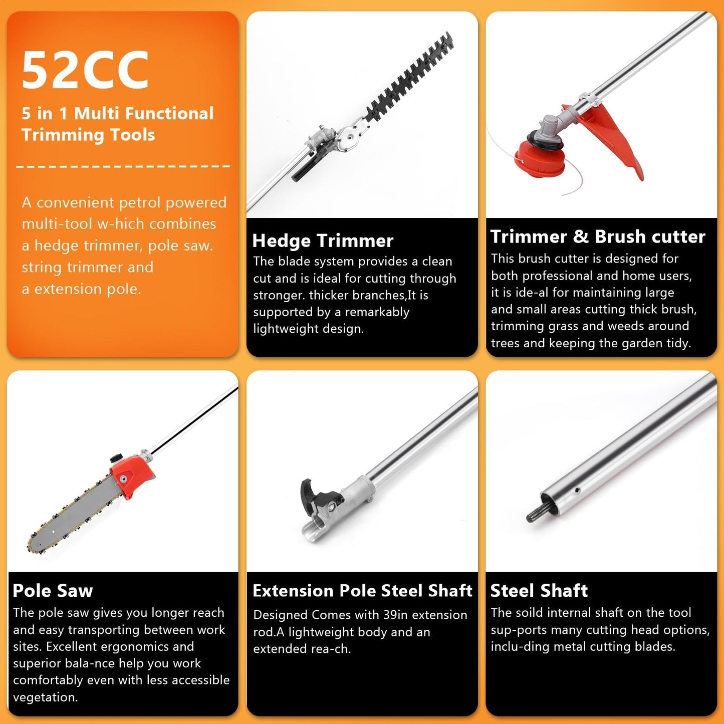 52cc Petrol Strimmer, 5 in 1 Multi Function Petrol Hedge Trimmer Garden Strimmer, String Trimmer, Brush Cutter with 3T Blade, Steel Wire Strimmer Weed Chainsaw