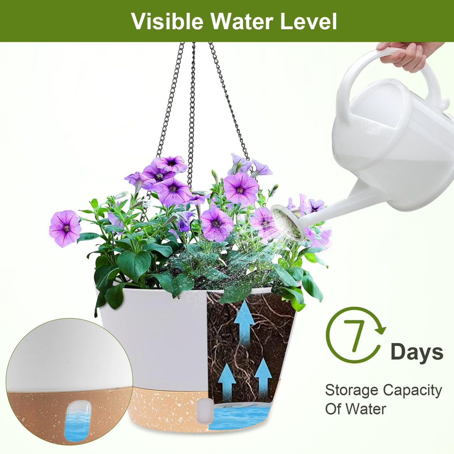 JJoexyfit 2PCS Hanging Planters for Plants Indoor Outdoor, Plant Flower Pot with Visible Water Level Tray Drainage Hole, Self Watering Planters for Garden Home (10 Inch)