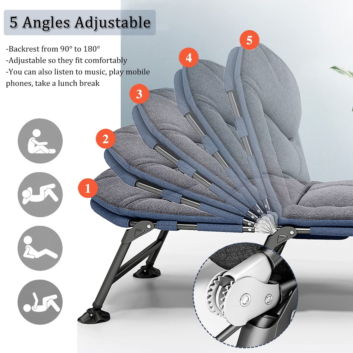 PERRTWDLF 2023 Garden Sun Loungers - Reclining Garden Chairs, Fishing Bedchair, Carp Fishing Chair with Side Pocket and Mattress, Adjustable 5 Gears Portable Sunloungers Patio Beach Pool, Gray