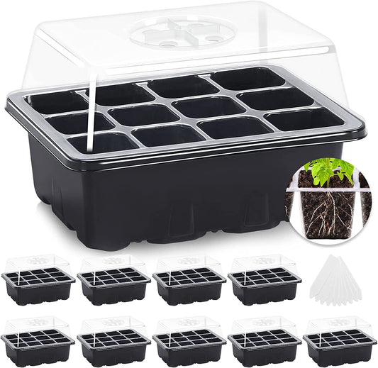 MIXC Seed Trays,10 Pack 120 Cells Seed Trays for Seedlings Reusable, Seed Trays with Lids Propagator Tray Growing Starter Tray, Germination Trays Kit Plastic for Greenhouse/Garden Black