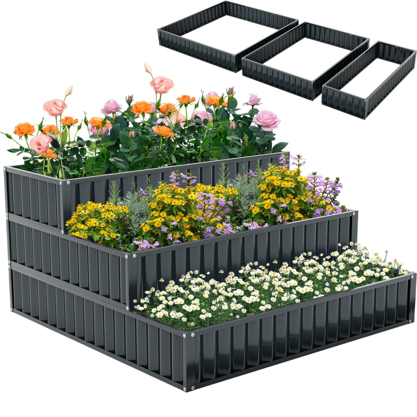TANGZON 3-Tier Raised Garden Bed, Detachable Plant Flower Vegetable Herb Grow Box Containers without Bottom, Outdoor Elevated Planter Box Kit for Patio Lawn Greenhouse (Black, Metal, 118 x 118 x 61cm)