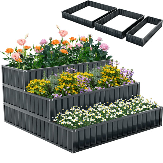 TANGZON 3-Tier Raised Garden Bed, Detachable Plant Flower Vegetable Herb Grow Box Containers without Bottom, Outdoor Elevated Planter Box Kit for Patio Lawn Greenhouse (Black, Metal, 118 x 118 x 61cm)