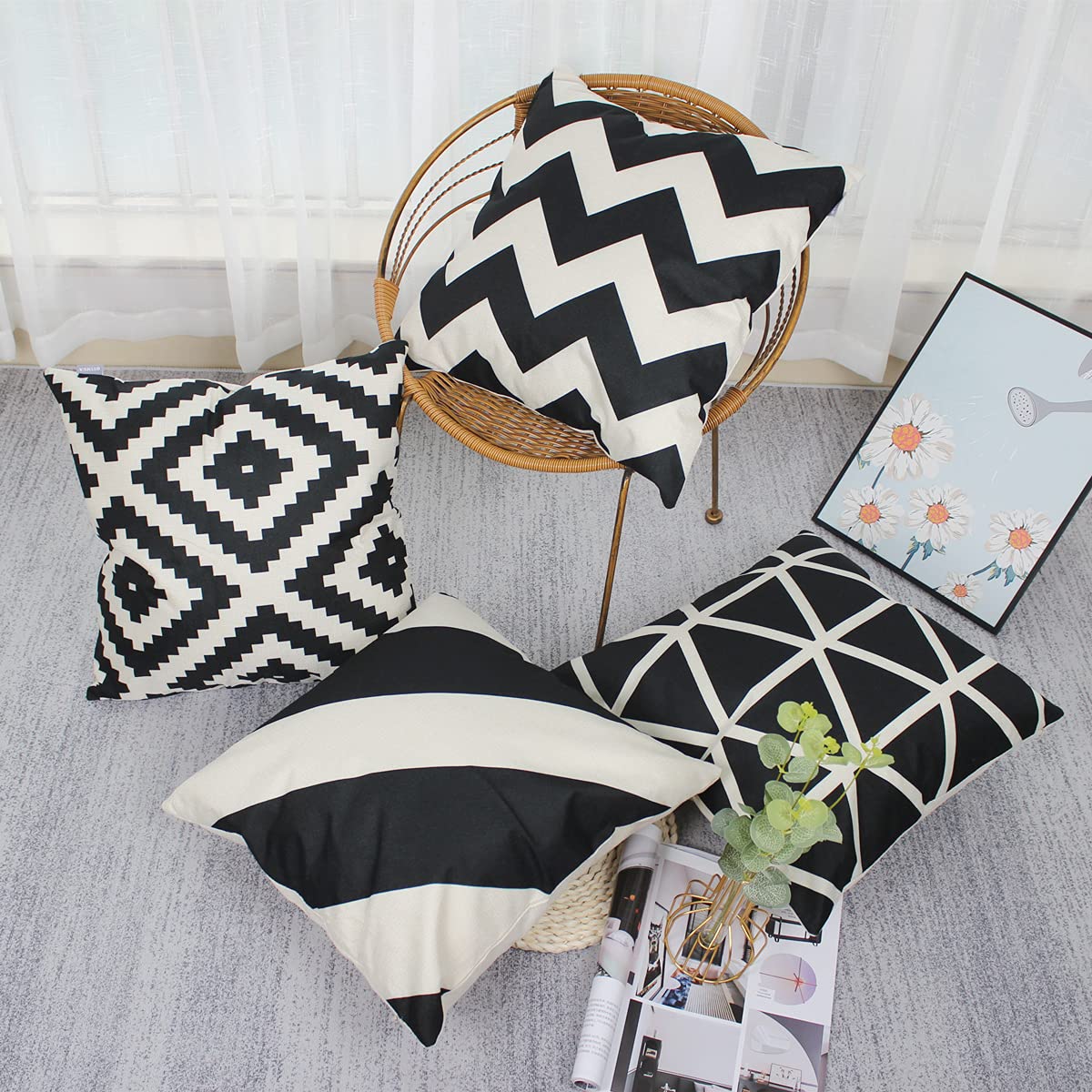 OYIMUA Set of 4 Boho Decorative Cushion Covers Black 18x18 Linen Geometric Throw Pillow Covers 45 x 45cm Square Pillowcases for Outdoor Furniture Garden Bench Living Room Sofa Farmhouse Decor