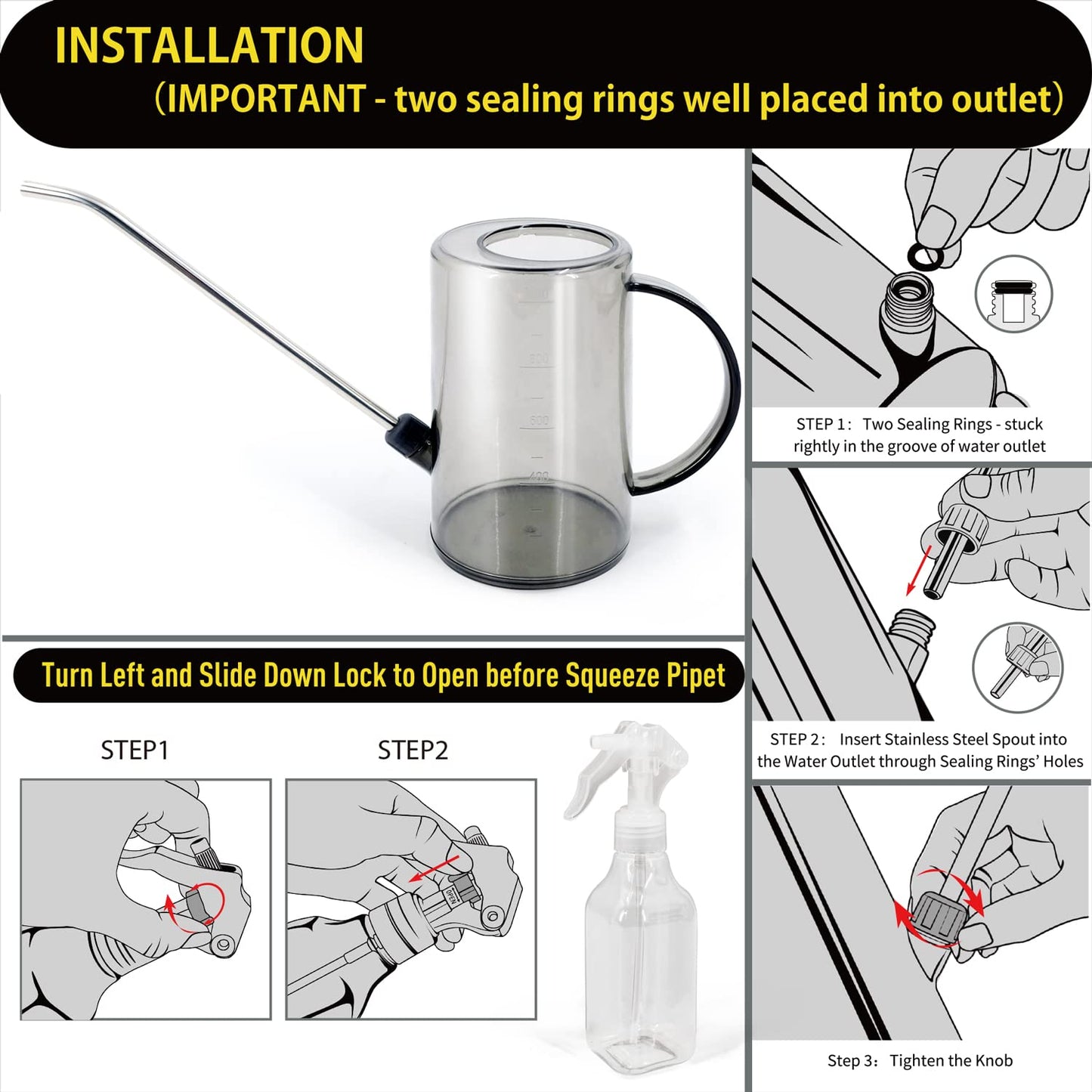 Jardineer Plant Watering Can Indoor - Watering Pot Long Spout with Spray Bottle and Automatic Watering Globes for Watering Indoor Outdoor Plants Flowers (1L Grey)