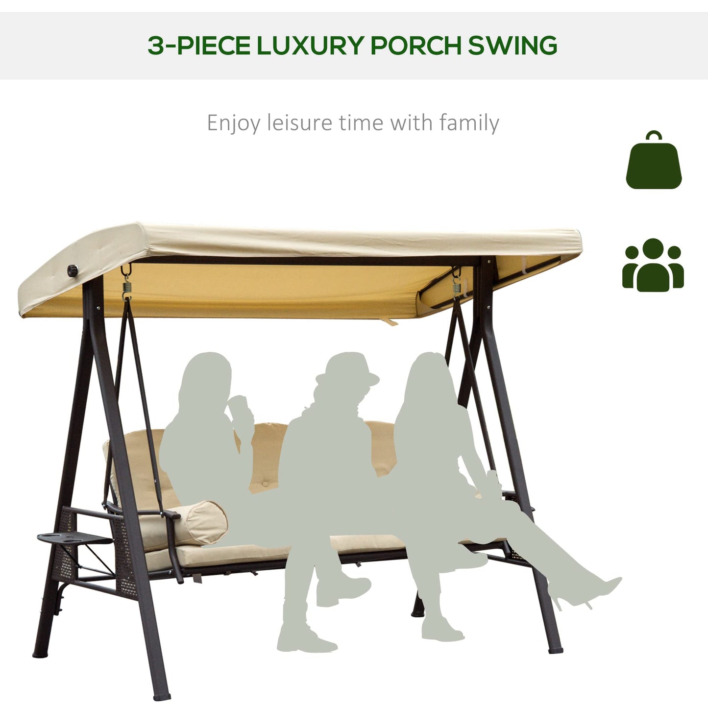 Outsunny 3 Seater Garden Swing Chair Outdoor Hammock Bench w/Adjustable Canopy, Cushions and Cup Trays, Brown Steel Frame, Beige Fabric