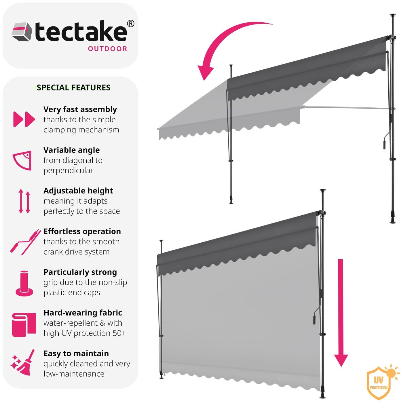 tectake Garden Patio Retractable Awning, Manual with Hand crank, Sun shade Canopy with UV and Rain Resistance, Clamp System with No Drilling Required - black/grey