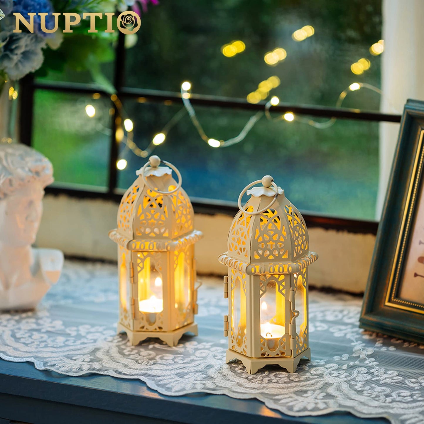 NUPTIO Ramadan Lantern Decorations for Home: Metal Glass Moroccan Tealight Candle Holder Eid 2 Pcs Fanoos Ramadan Wedding Table Decoration Hanging Patio Indoors Outdoors, White