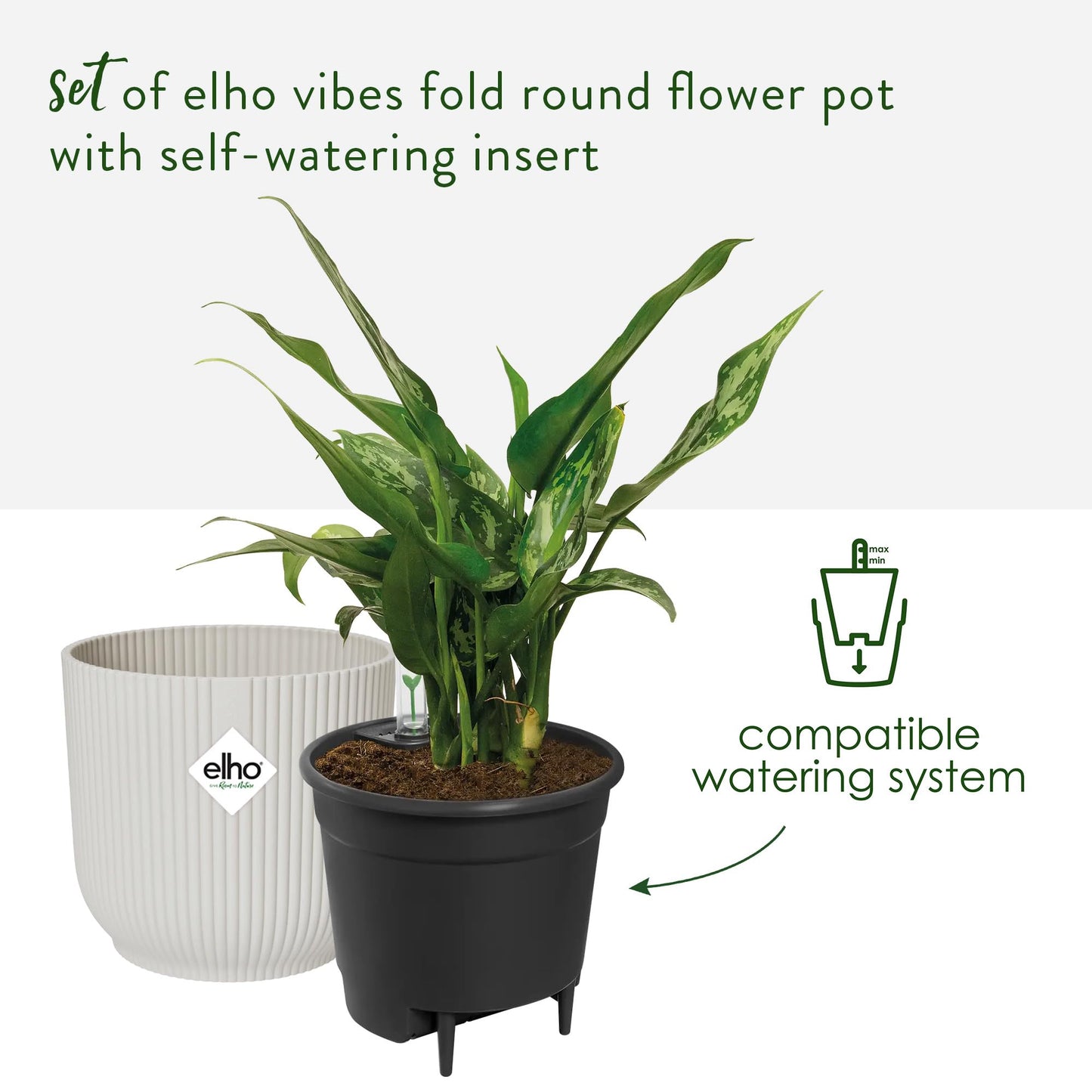 elho Vibes Fold Round Flower Pot with Self Watering Insert - 100% Recycled Plastic - Plant Pots Indoor - Ø 22 cm - White/Silky White