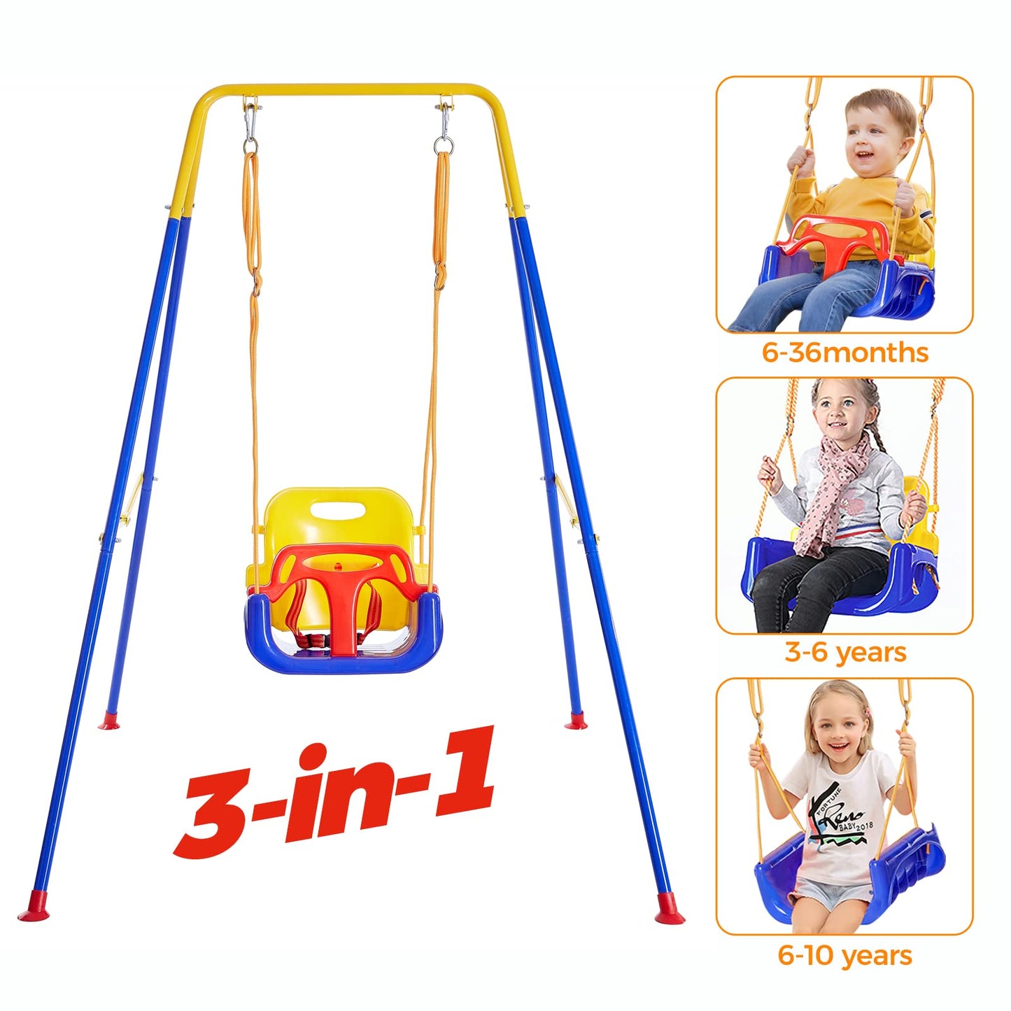 FUNLIO 3-in-1 Swing Set for Toddler with 4 Sandbags, Heavy-Duty Kid Swing Set with Safety Harness, for Garden, Indoor/Outdoor Play, Folding Metal Stand & Clear Instruction, Easy to Assemble & Store
