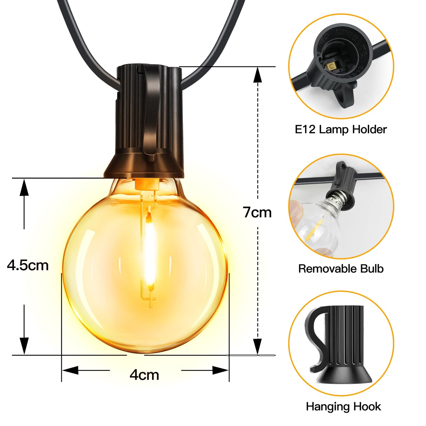 Ollny Festoon Lights Outdoor 15m, Christmas LED String Light Mains Powered, Waterproof with Plug/25-2 Shatterproof G40 Bulbs/Hook, Bright Warm White Lighting Outside Indoor Tree Garden Decorations