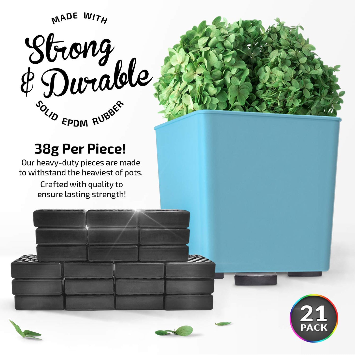 The Garden Gecko Invisible Pot feet for outdoor plant pots and flowers, solid rubber risers with a custom non-slip square surface grip | 21 POT FOOT - 21 STRONG ADHESIVE PADS.