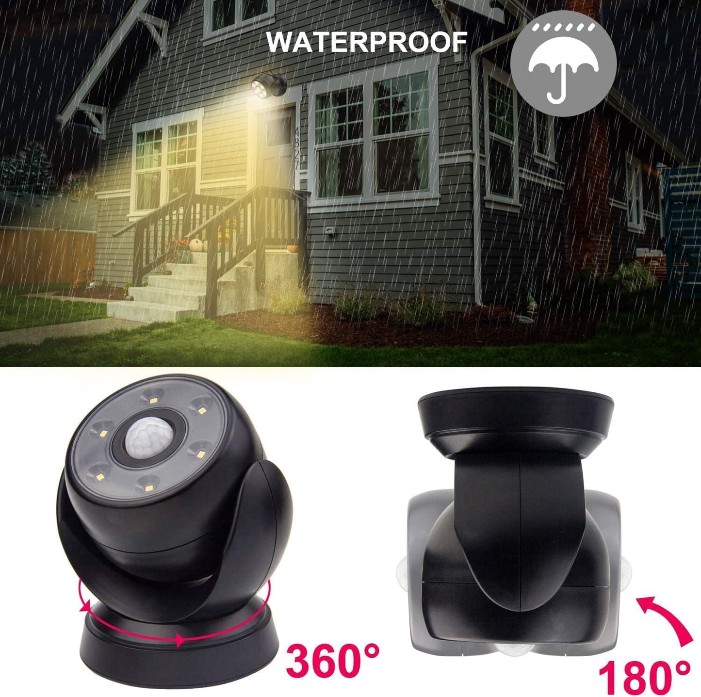 BIGLIGHT Battery Motion Sensor Spotlight Wireless Floodlight Outdoor Front Door Security Spotlight Waterproof Compact Spotlight Rotatable Wall Down Light for Driveway Hallway, 200 Lumens