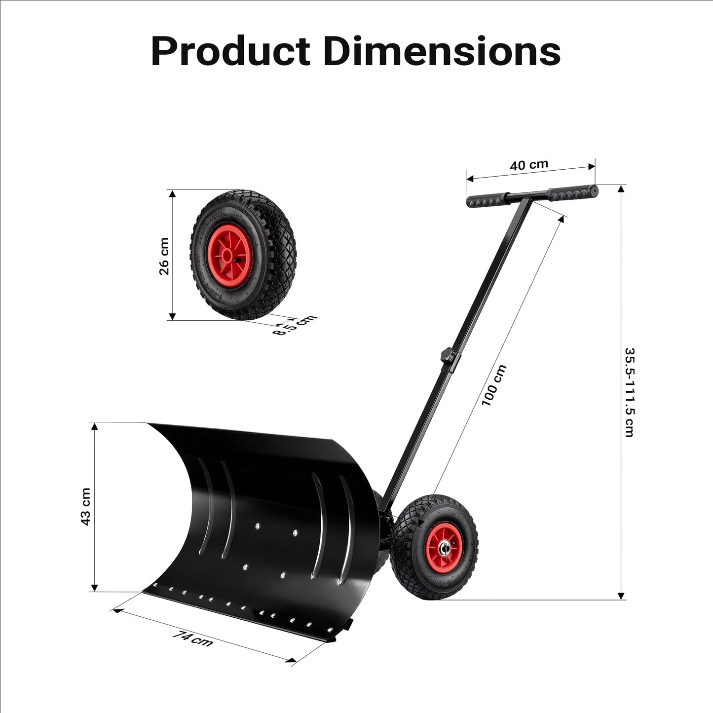 Wiltec Manual Snow Shovel with Wheels for Easy Snow Shovelling, Sturdy Snow Blade, Adjustable Handle, Rubber Tyres, Ideal Tool for Clearing Driveways and Large Areas with Minimal Effort, Snow Pusher
