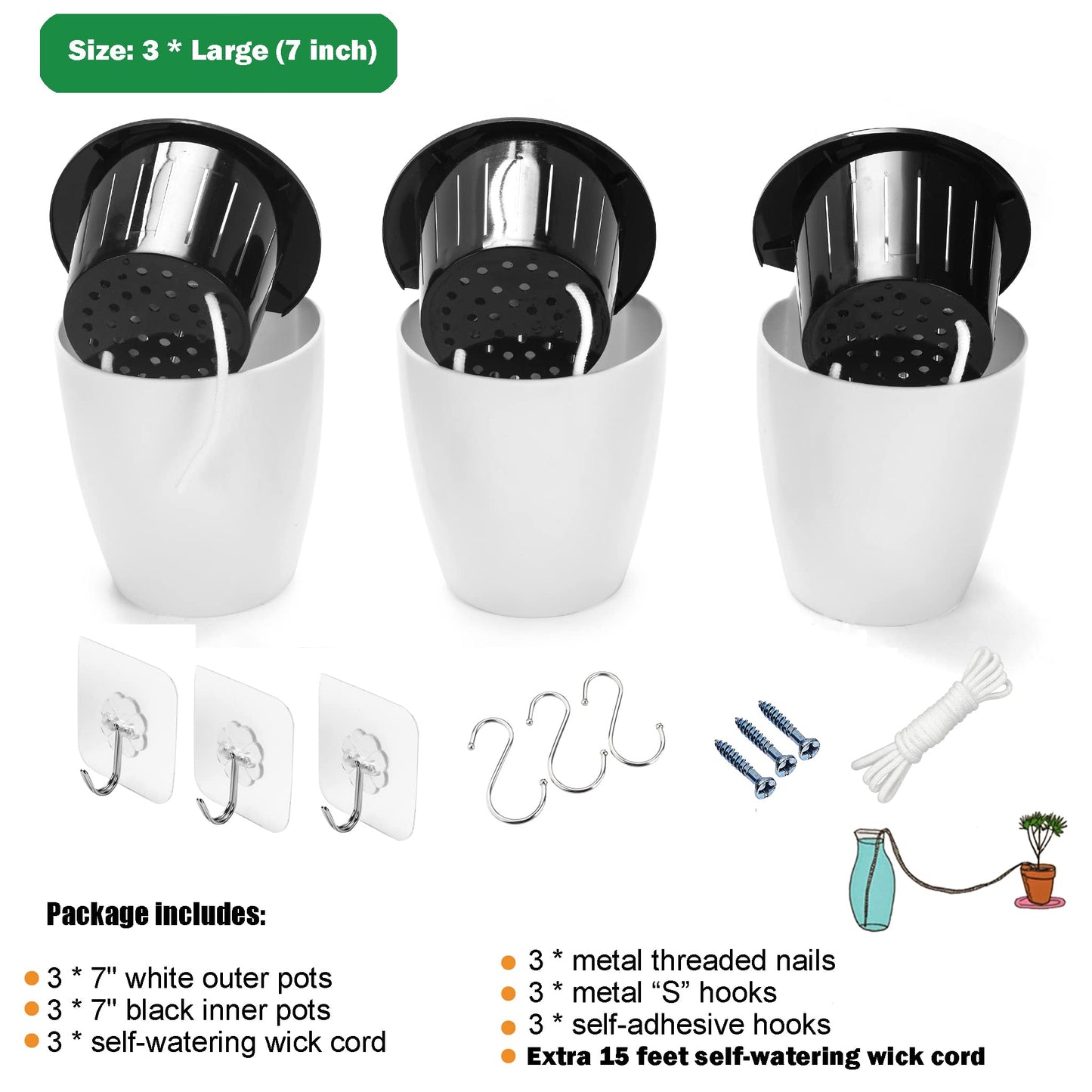 ORIMERC 3 Pack Self Watering Plant Pots Wall Hanging Basket Over Fence Planters Vertical Garden Hang Plastic Container Indoor Outdoor for Plants Flowers Succulent Living Herbs Holder White Large