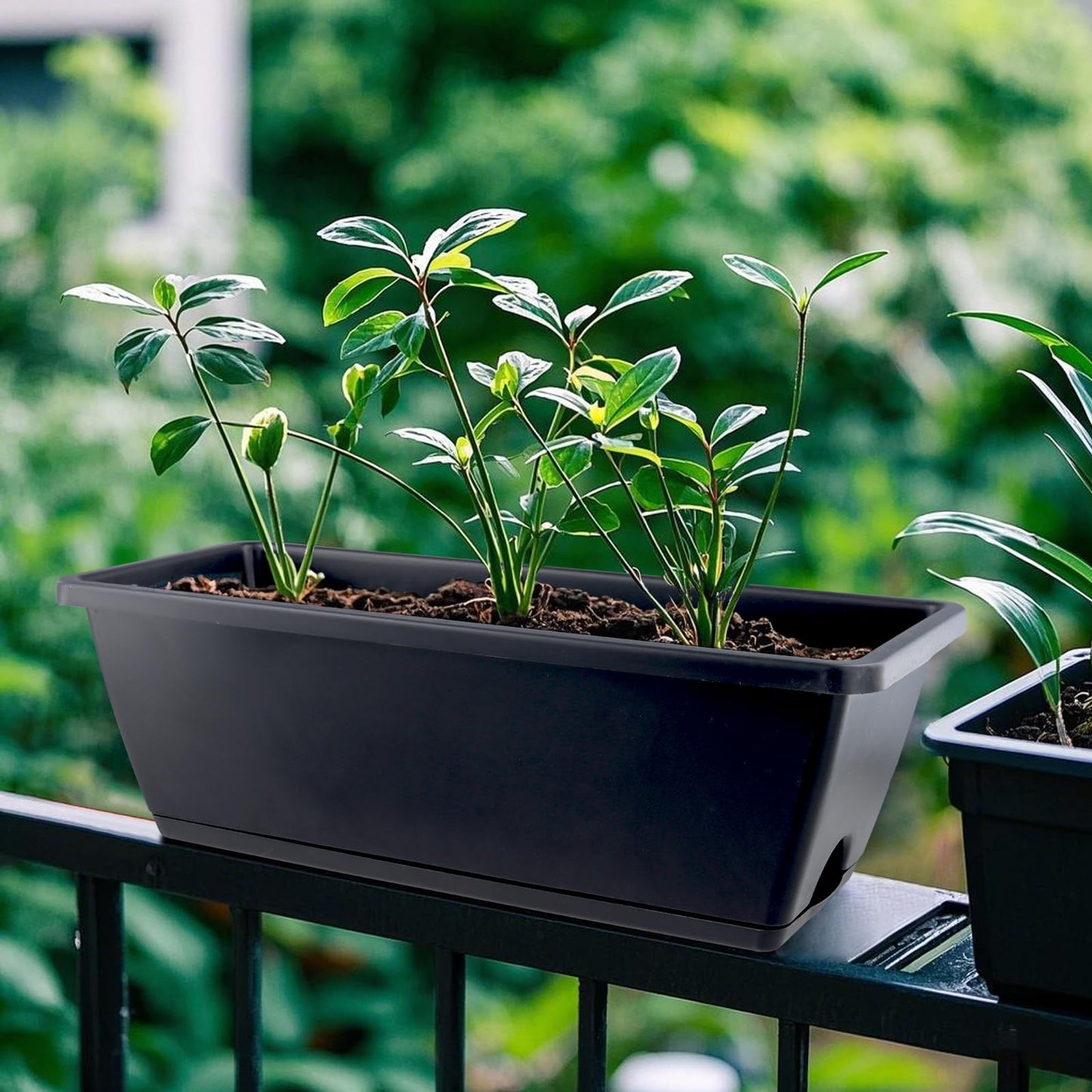 MUKSEUT 8PCS 17 Inch Black Window Boxes with Drainage Holes and Trays, Resin Flower Window Box Planter, Rectangle Planters for Windowsill, Patio, Garden, Home Decor, Porch Yard