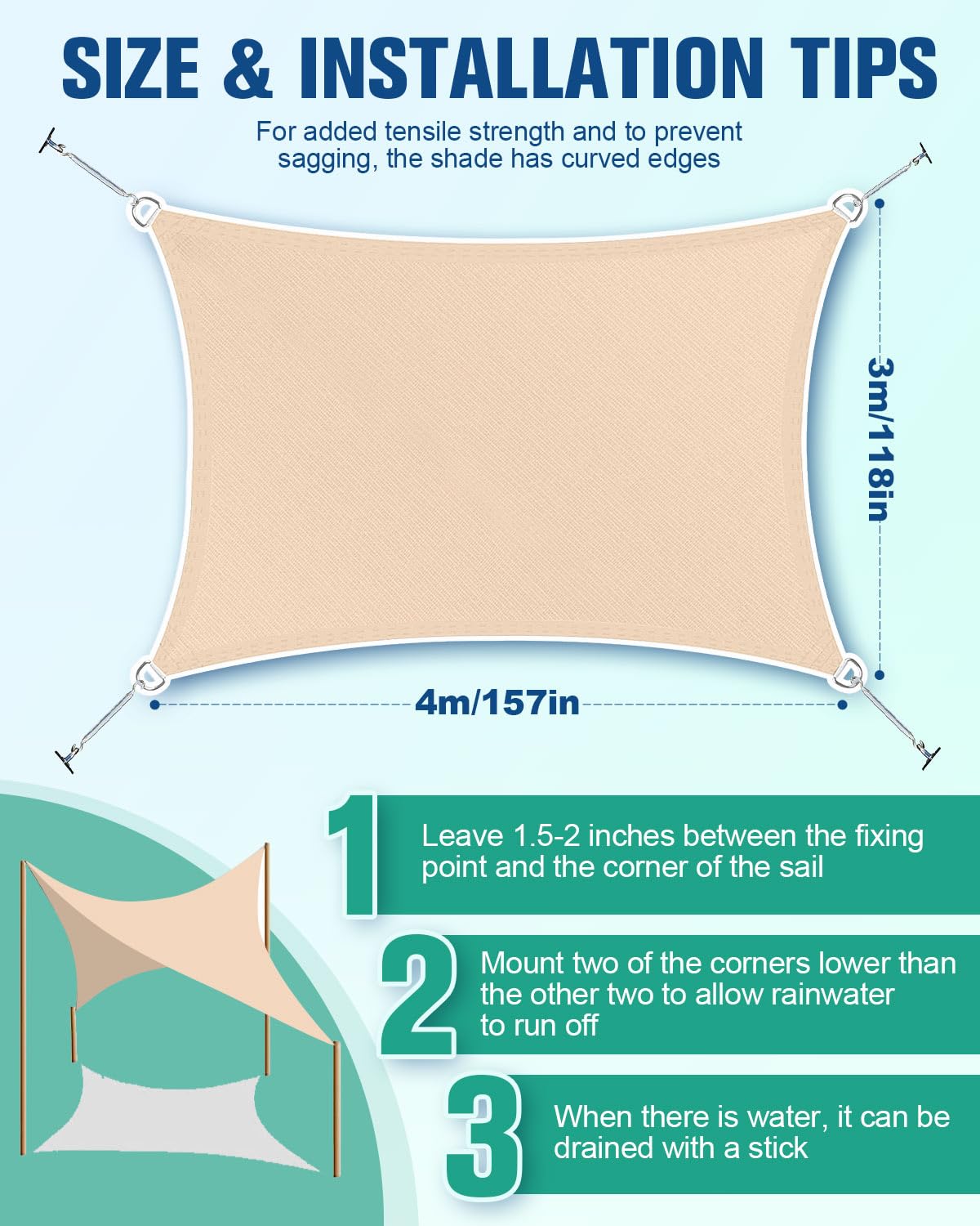 3x4m Premium Sun Shade Sail Rectangle, 420D Waterproof Fabric, 95% UV Block, Includes Free Rope and 304 Stainless Steel Fixing Kit, Perfect for Backyard, Garden, Patio, Yard, and Parties (Yellow)