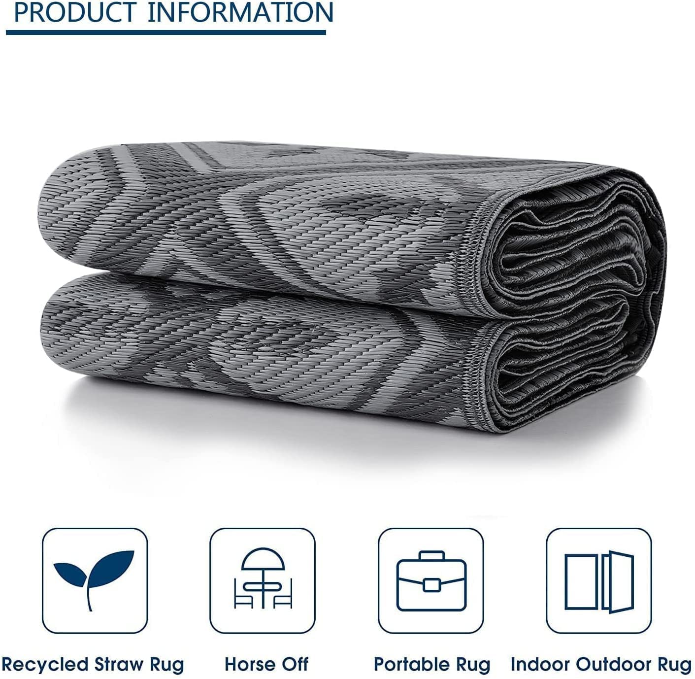 Enipate Outdoor Rugs for Patios Waterproof, 4x6ft Reversible Easy Cleaning Garden Rug, Portable Comfortable Woven Geometric Outdoor Carpet (Black & Grey)