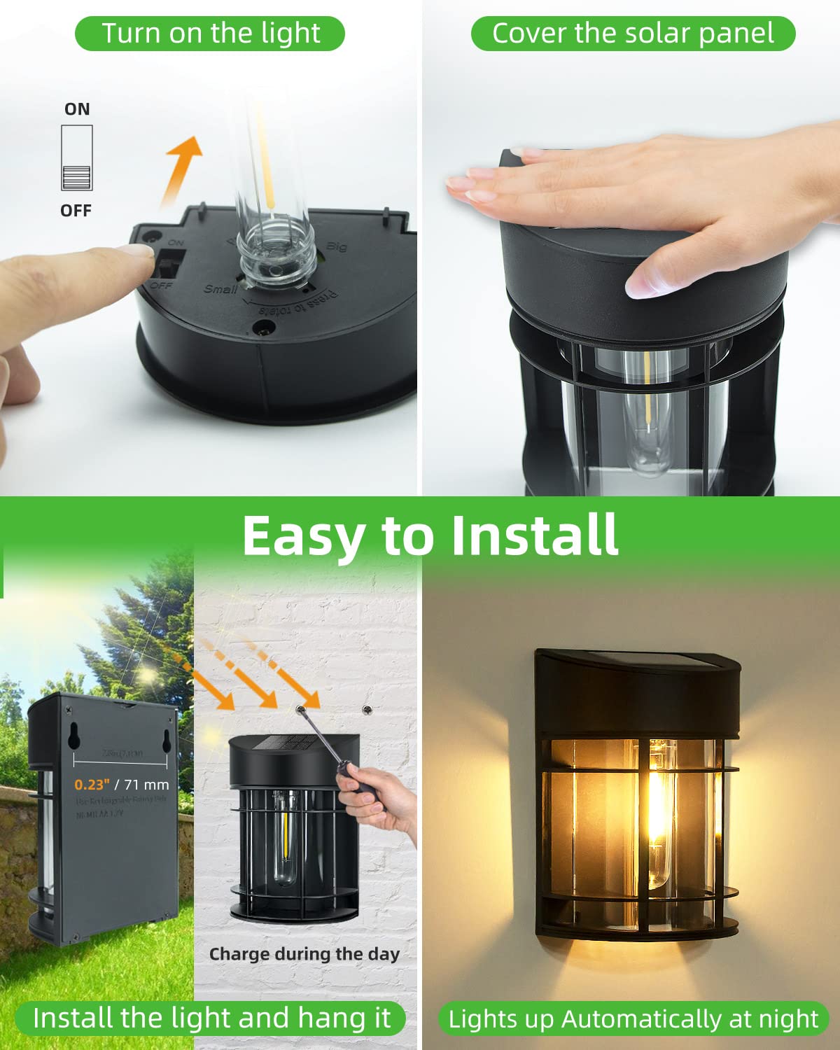 nipify 4 Pack Solar Fence Lights, Waterproof Solar Wall Lights Outdoor Warm White, Auto On/Off Retro Solar Powered Lighting for Garden Yard Gate Door Patio