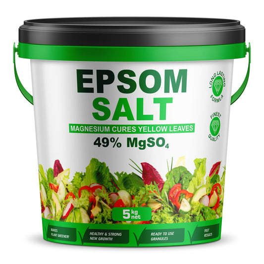 Epsom Salt Bucket for Plants, 49% MgSO4, Magnesium Cure for Yellow Leaves, Ready-to-Use Granules Garden Plant Growth, Lawn Care Magnesium Sulphate Fertiliser by Pure Source Nutrition (5KG)