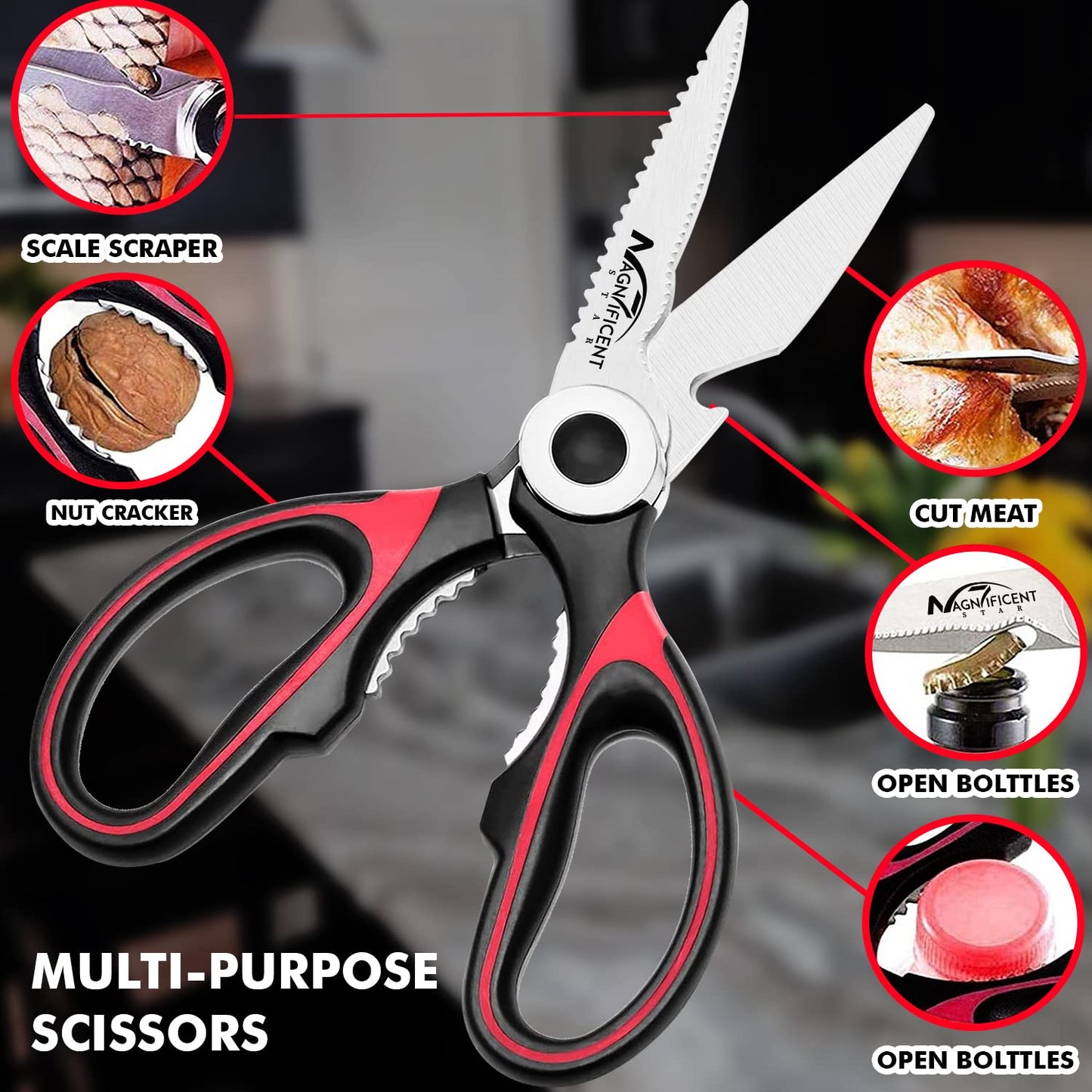 Magnificent Kitchen Scissor, Heavy Duty Scissors for Kitchen Use with Safety Cover & Soft Grip & Multi-Functional Utility Scissors, Shears for Meat Poultry Herbs Cutting, Bottle Jar Opener
