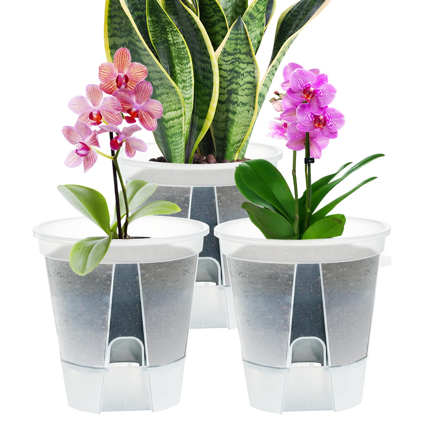 IWTTWY 3 Pack Self Watering Plant Pot, 15cm Plastic Flower Pots, Seed Seedling Pots for Indoor with Drainage Maintains, Herb Planter for Orchid, African Violet, Rose, Tulips (Clear)