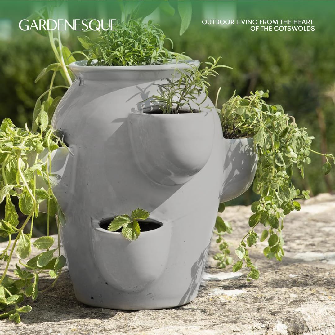 Gardenesque Tiered Planter, Succulent and Herb Plant Pot, Ceramic with Drainage Hole for Indoor and Outdoor Use, Grey - Small, H25 x W27cm